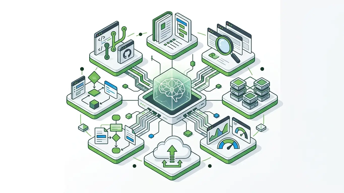 Constellation of MCP server categories around a central AI node for source control, documentation, browser testing, data, observability, cloud, and form workflows